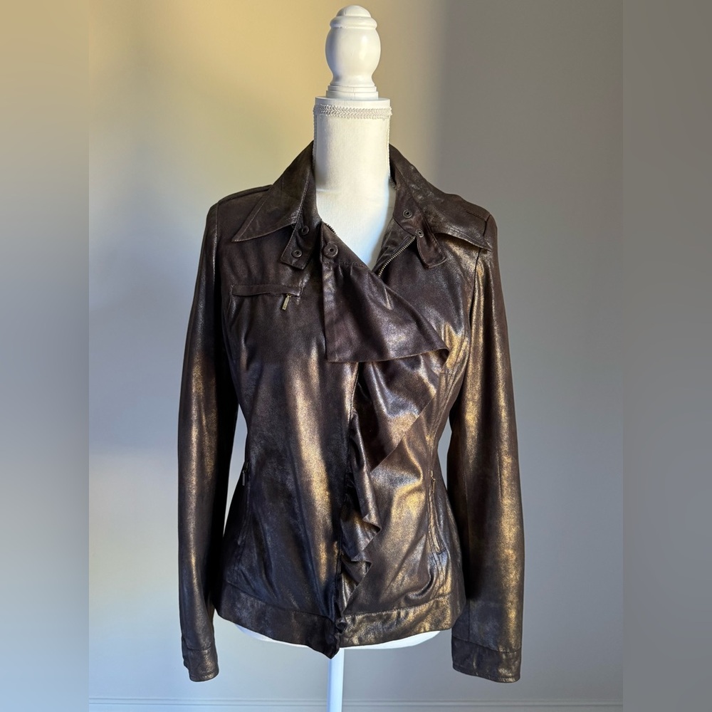 SOLO MODA Metallic Brown Fabric Ruffle Front Zip Moto Jacket Sz 4